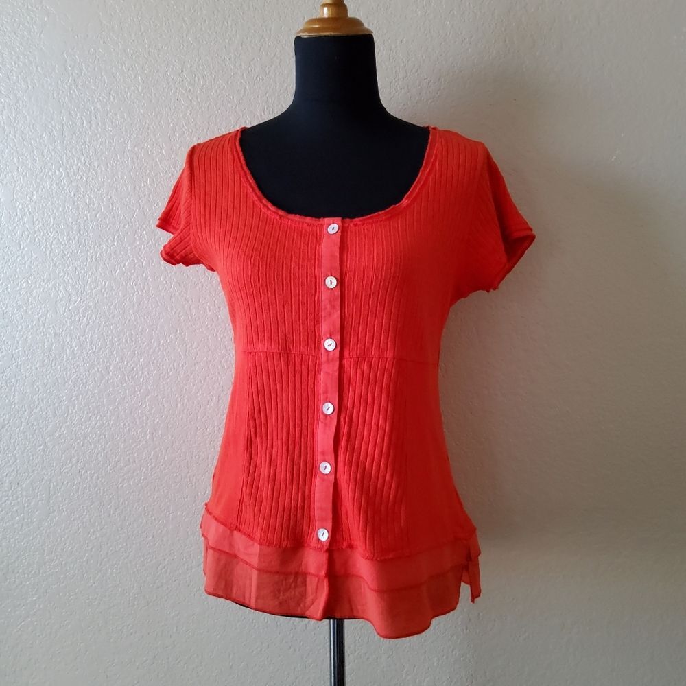 NWOT Soft Surroundings Ribbed Button Down Knit Top Size XS Orange